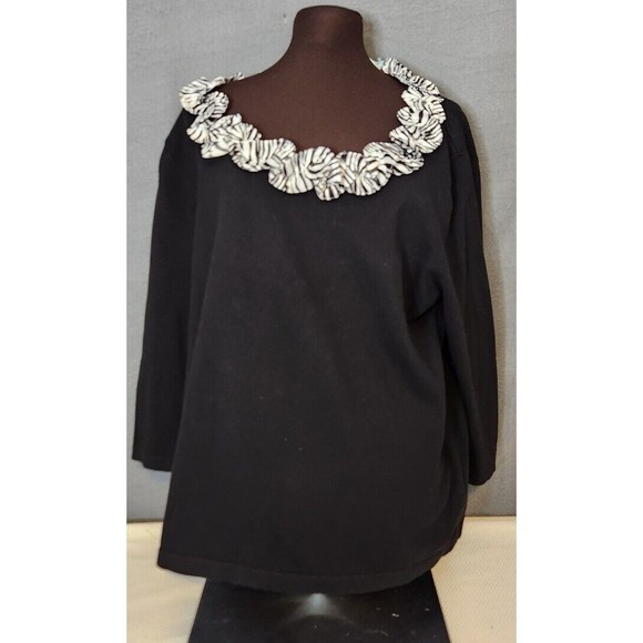 Peter Nygard Black Zebra Print Ribbon Ruffle Trim Sweater‎ Plus Size 1X - Picture 1 of 11